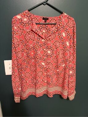 Talbots Coral-Pink Geometric V-Neck Long Sleeve Blouse